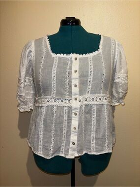 White Eyelet Button-Down Peasant Top